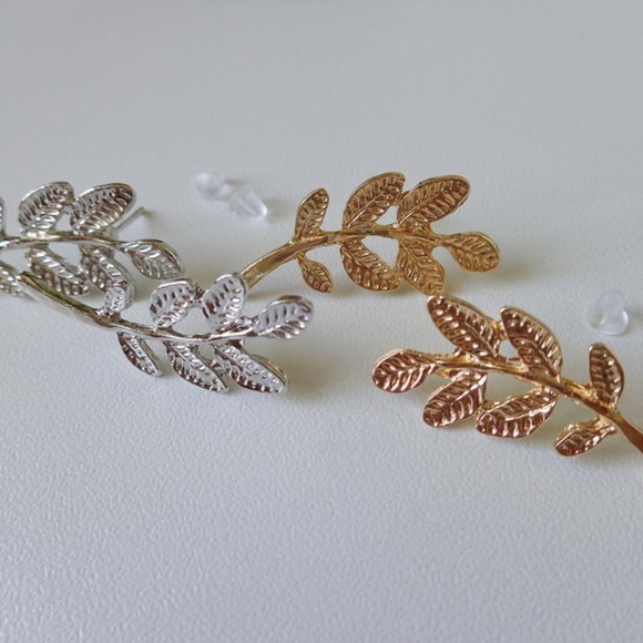 Silver Leaf & Branch Studs Ear Crawler Earrings - Picture 4 of 6